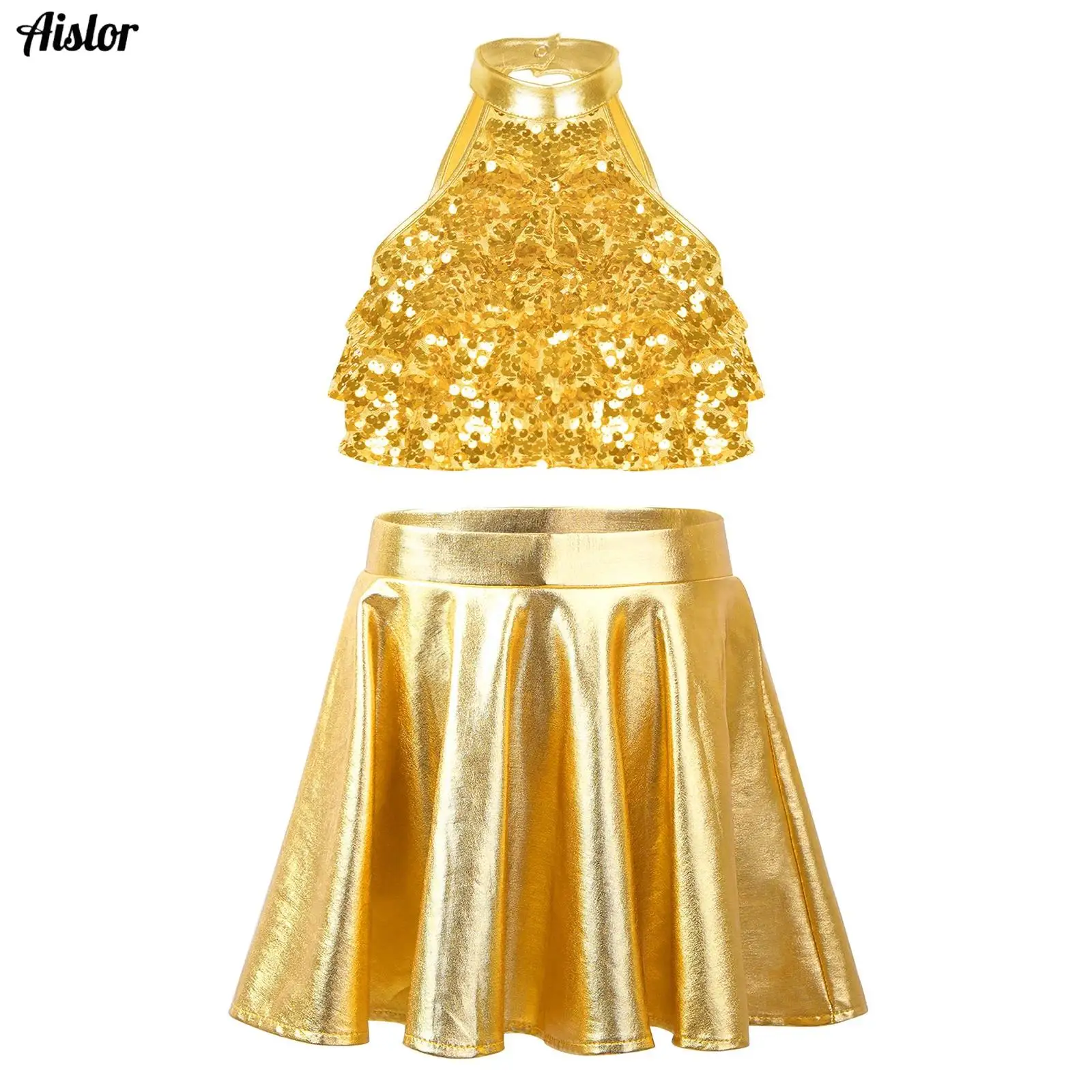 

Kids Girls Jazz Dance Performance Outfit Sleeveless Mock Neck Shiny Sequins Tiered Backless Crop Top with Metallic Ruffled Skirt