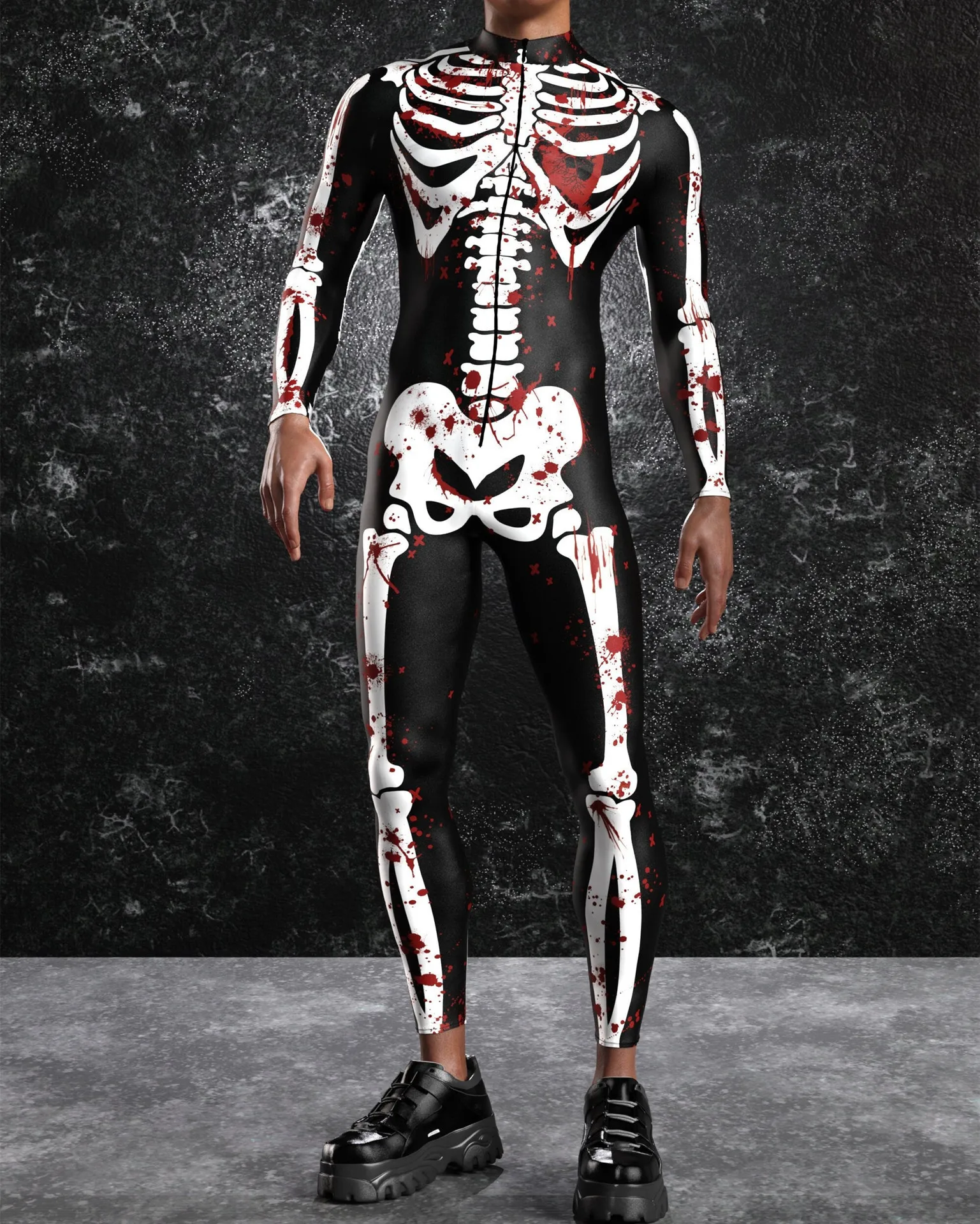 Men Halloween Horror Party Bloody Skull Cosplay Costume Jumpsuit Punk Skeleton Bodysuit Zentai Suit Festival Outfit Romper