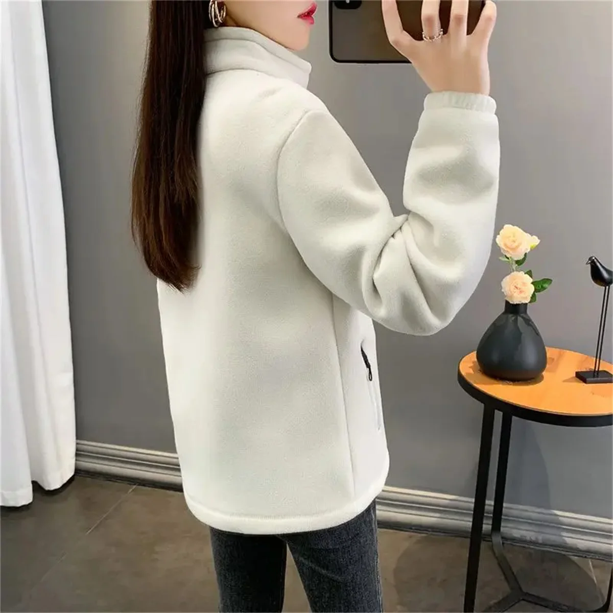 Women Autumn Winter Fleece Coat Plus Size Zipper Stand Collar Sweatershirt Casual Loose Outdoor Coat Long Sleeve Cardigan Jacket