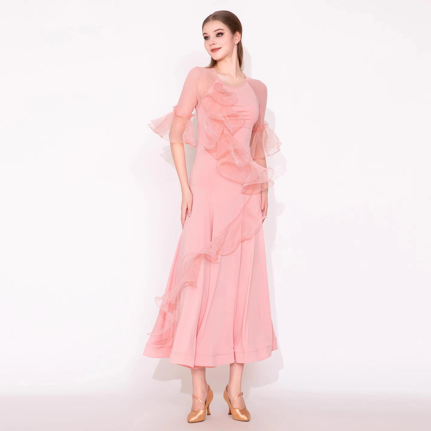 الوردي المرأة قاعة الرقص فساتين الوطنية القياسية الفالس المنافسة الملابس الراقية الأداء الحديث الأزياء الحديثة