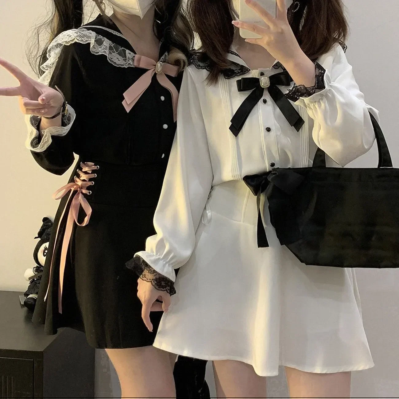 2024 Black White Japanese Style Long Sleeve Lolita Lace Shirt with Bow Patchwork Preppy Cute Kawaii Student Blouses