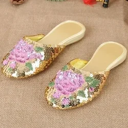 Outdoor Home Golden Flower Classic Casual Dress Anti Slip Glitter Slippers for Women
