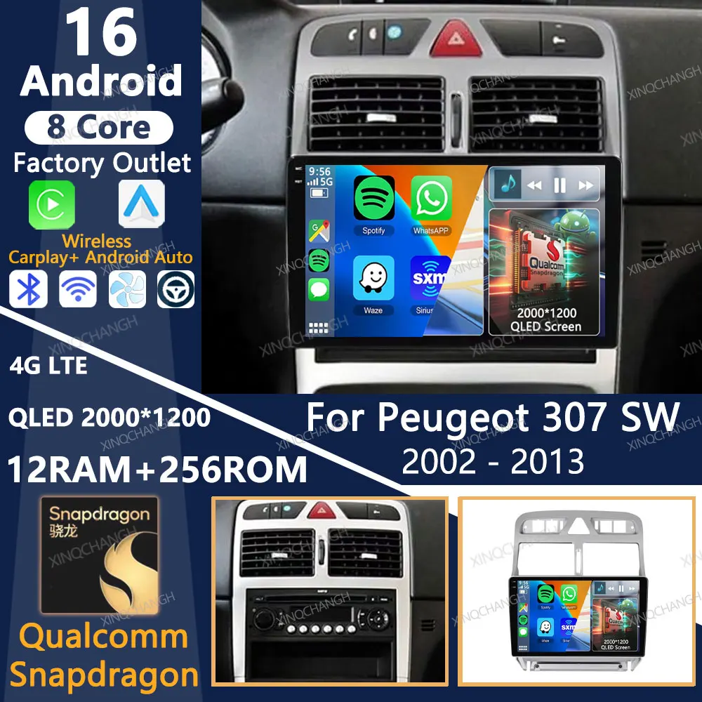 Android 16 Car Radio For Peugeot 307 307CC 307SW 2002 - 2013 Multimedia Video Player Qualcomm 2DIN GPS Head Unit BT QLED 4G WIFI