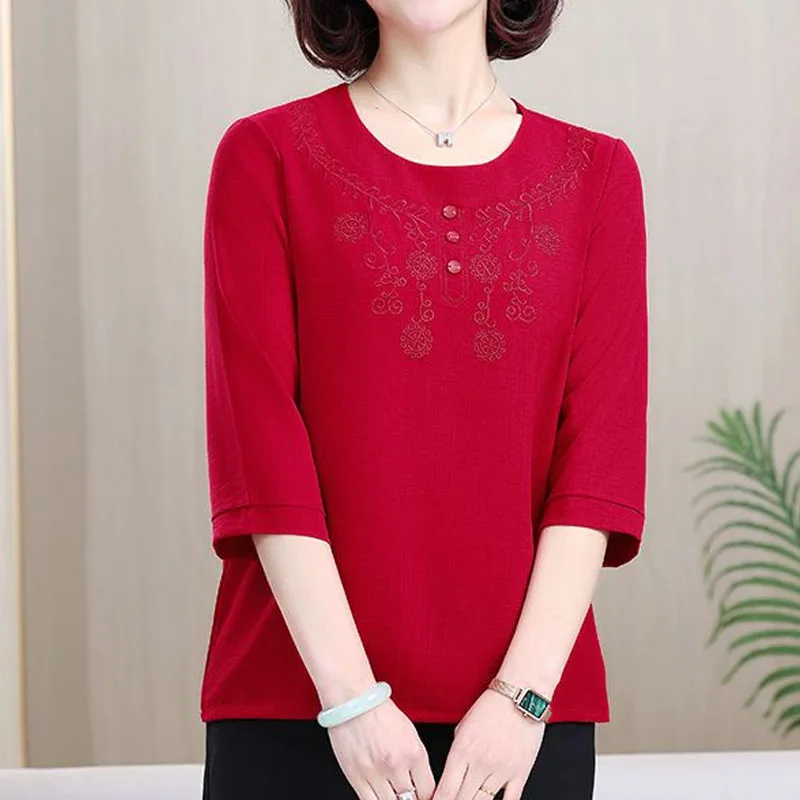 Casual Fashion Solid Color Embroidery T-shirt Summer Women's Clothing Commute All-match 3/4 Sleeve Round Neck Tops for Female