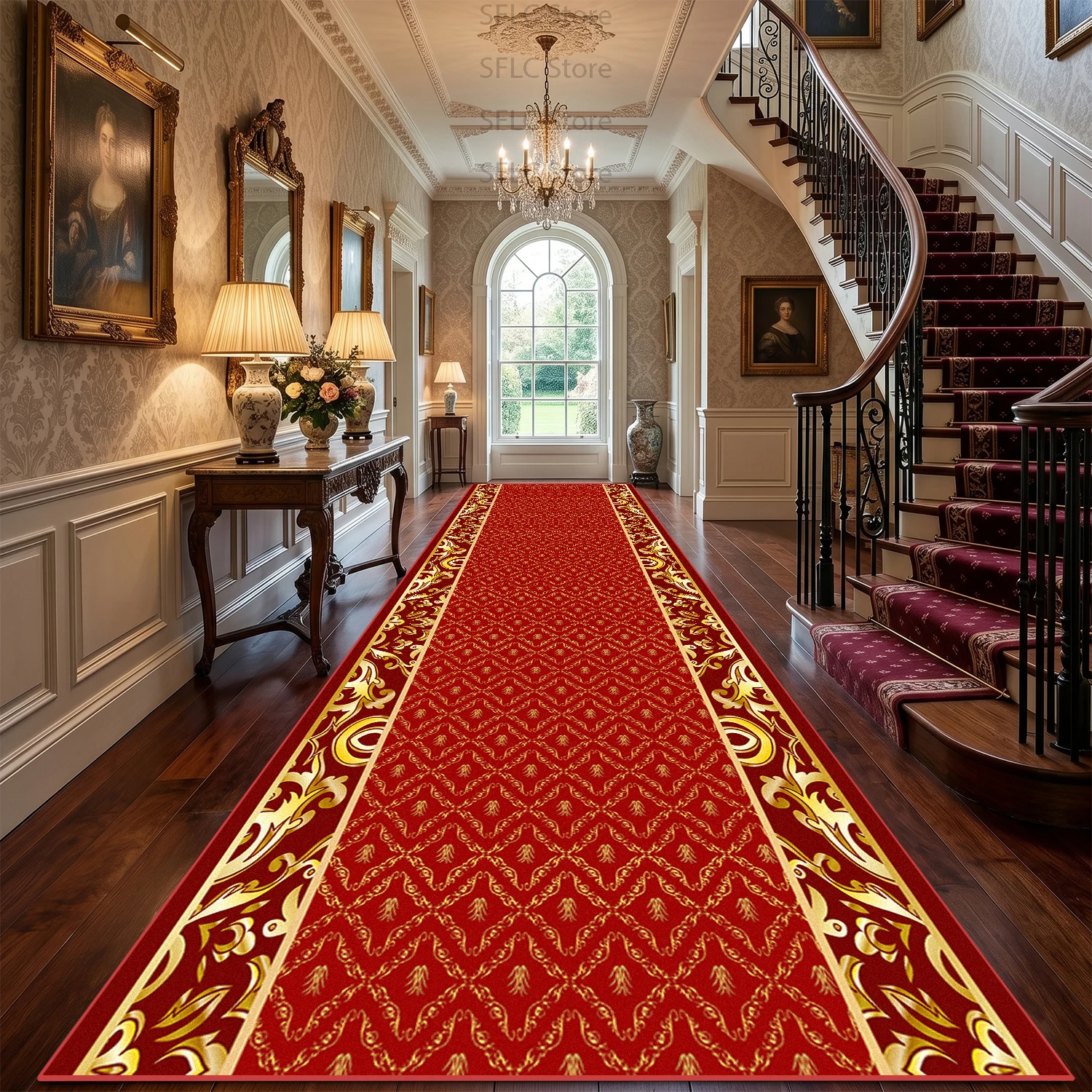 Red European Classical Style Long Corridor Carpet Decoration Wedding Chapel Easy Clean Soft Rug Non-slip Lint-free Runner Mats