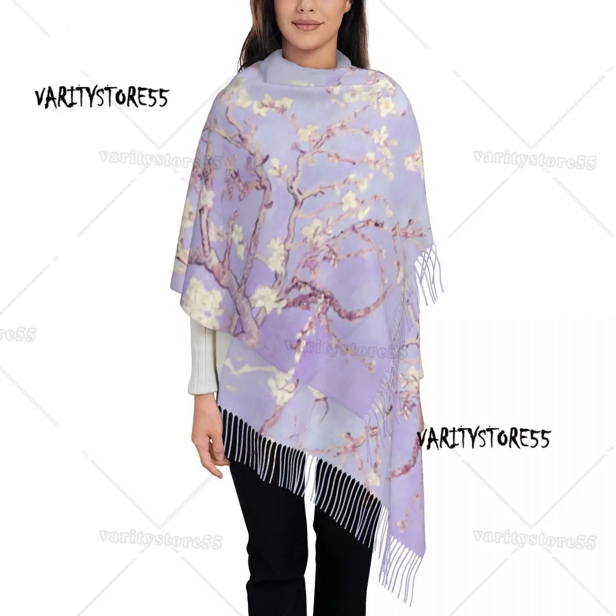 

Custom Ladies Long Vincent Van Gogh Almond Blossoms Lavender Scarves Winter Fall Soft Warm Tassel Shawl Wraps Artwork Scarf