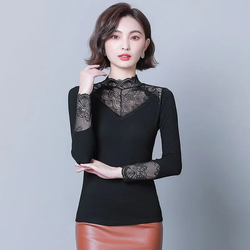 

Женская облегающая кружевная базовая рубашка на флисовой подкладке, зимние модные темпераментные сексуальные топы с длинными рукавами в новом стиле