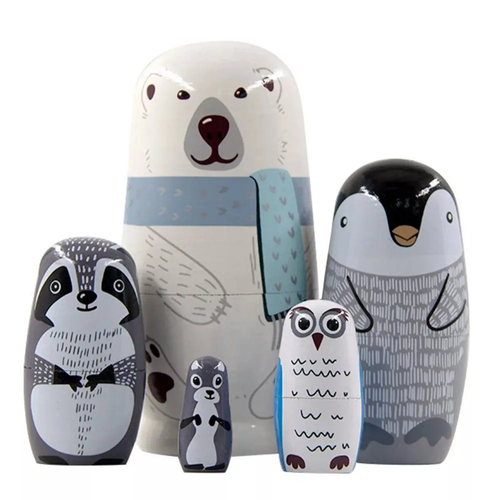 5Pcs 6" Tall Russian Nesting Doll Polar Bear Handmade Stacking Dolls Toys Gift Home Decorations Matryoshka Ornaments for Kids