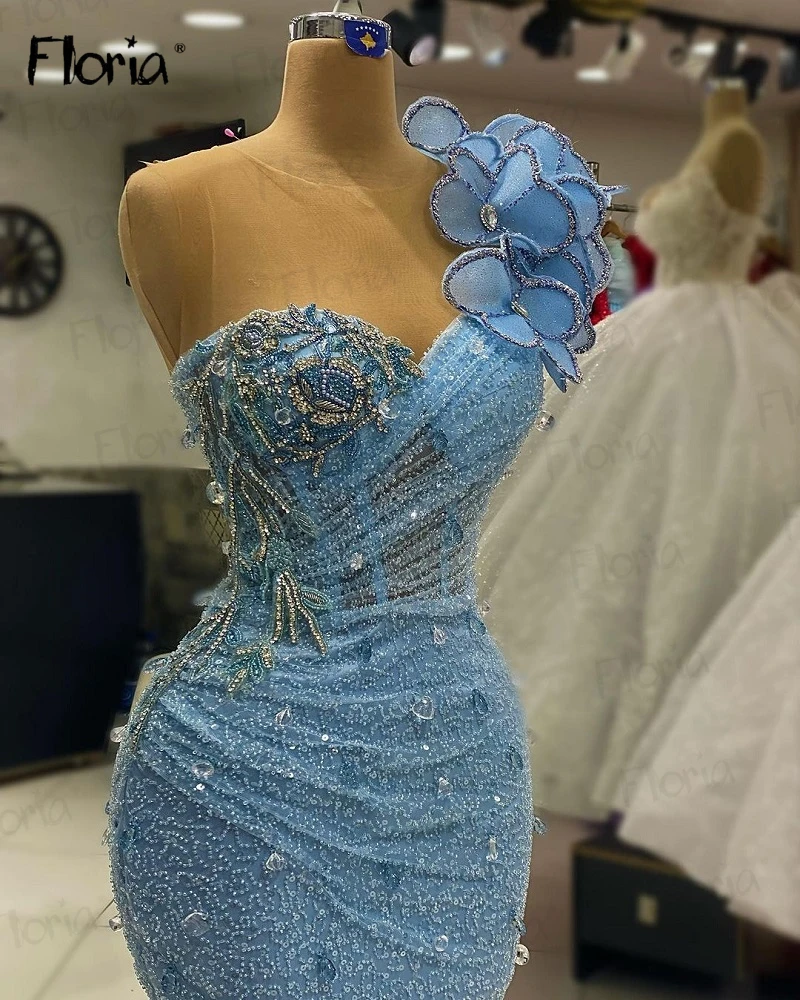 Haute Couture Blue Mermaid Party Dress Arabic One Shoulder Side Slit Beaded Long Celebrity Dresses for Wedding Custom Made