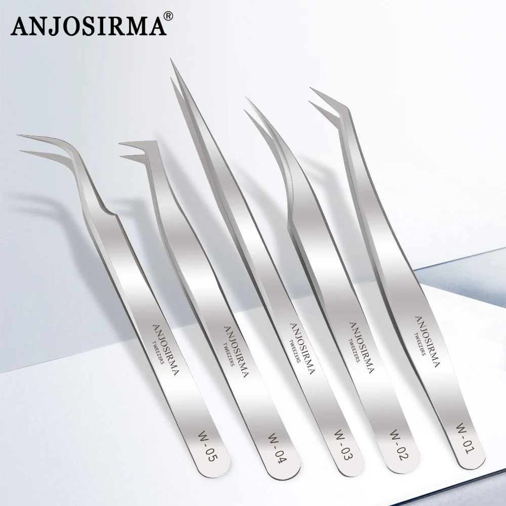 ANJOSIRMA Silvery Eyelash Extension Tweezers Professional Precise Volume Tweezers Classic Stainless Steel Makeup Tweezers