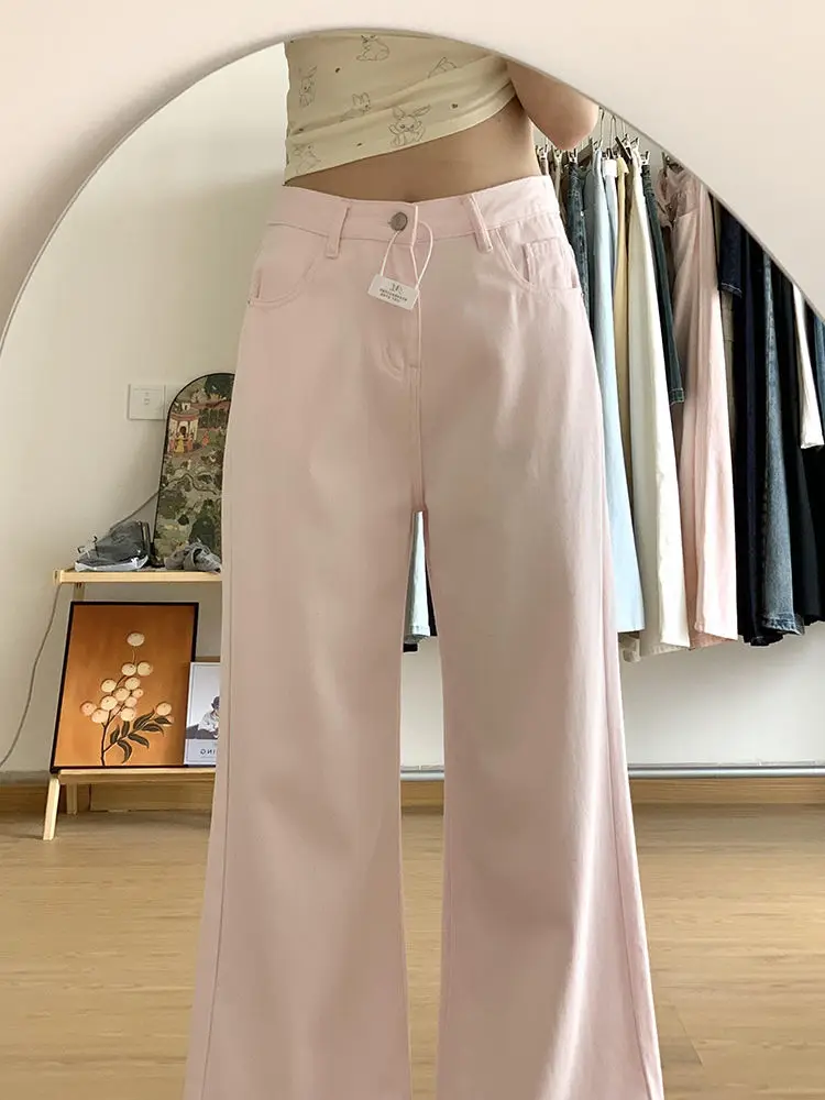 

Розовые широкие джинсы с высокой талией, женские повседневные свободные узкие прямые брюки небольшого размера, драпированные универсальные длинные брюки длиной до пола