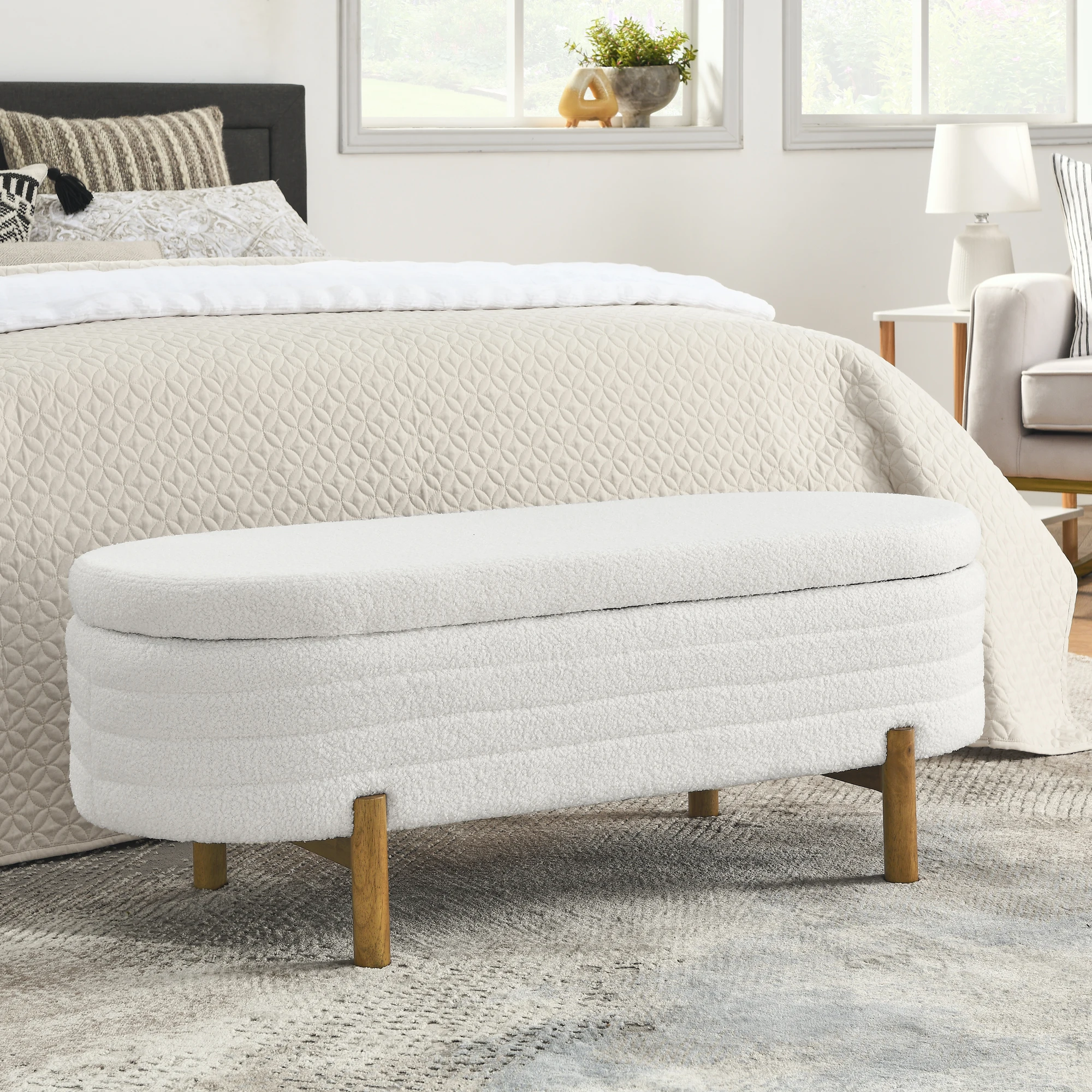 Beige Oval Ottoman Storage Bench with Rubber Wood Legs, Stylish Upholstered Design, 46