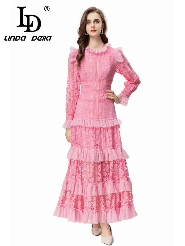 

LD LINDA DELLA Fashion Designer Summer Dress Women's Vintage Embroidery Hollow Out Net Yarn Cascading Ruffle Temperament Dresse