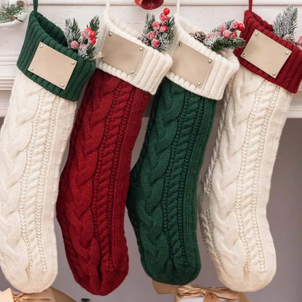 Family Christmas Stockings Large Knitted Christmas Stocking with Faux Leather Patches Festive Holiday Home Decor Family for Tree