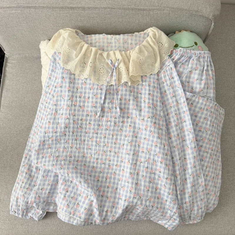 2PCS/Set Women's Long Sleeve Soft Breathable Student Sleepwear Loungewear Pullover Flower Pint Girl Fashion Pajamas Homewear
