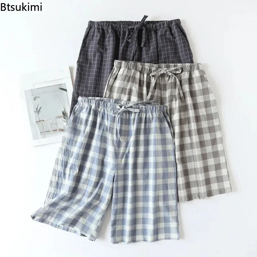 Neue 2024 männer Nachtwäsche Pyjama Shorts Plaid Design 100 % Baumwolle Casual Lose Doppel-schicht Homewear Schlaf Bottoms männlichen Hause Hosen