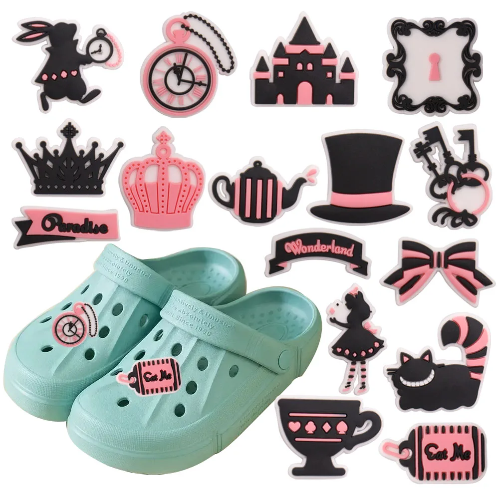 1-16Pcs Wonderland Rabbit Castle Teapot PVC Shoe Buckle Charms Pink Series Decorations DIY Girls Cute Clog