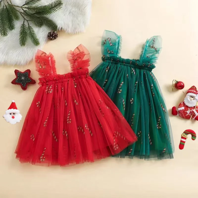 

Baby Girl Kids Christmas Clothes Princess Tulle Dress Candy Cane/Plaid Print Sleeveles Square Neck Mesh Toddler Party Xmas Dress