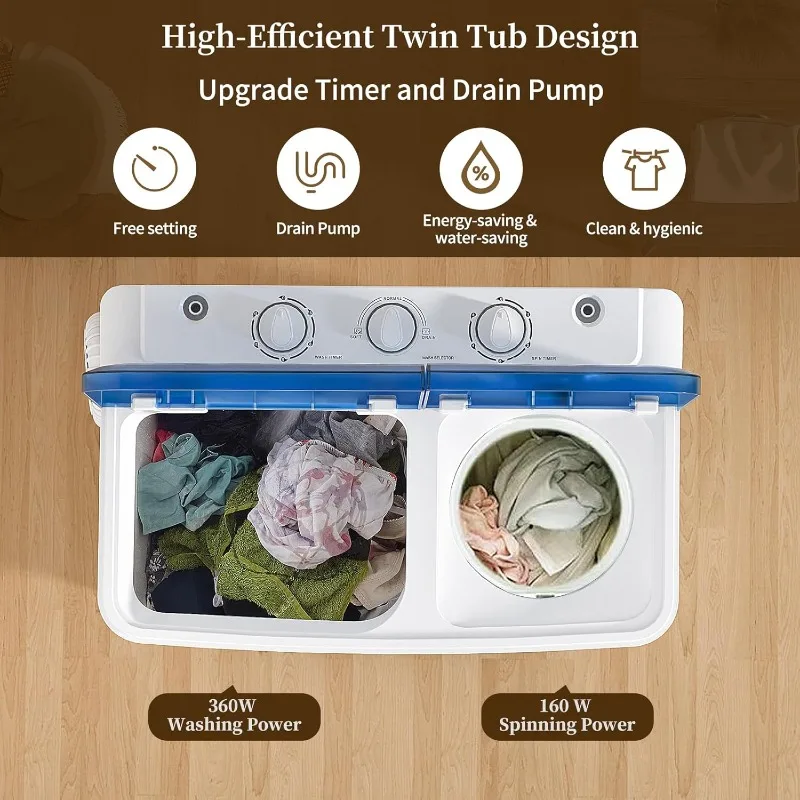 VCJ Portable Washing Machine, Twin Tub Washing Machine Laundry Compact Washer spinner Combo with 20lbs capacity