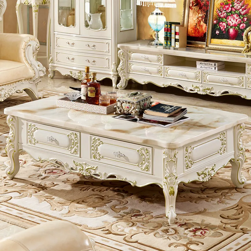 ^European-style Solid Oak Frame Tea Table Natural Red Dragon Jade Marble Top Storage Space Carved Patterns for Living Room Table