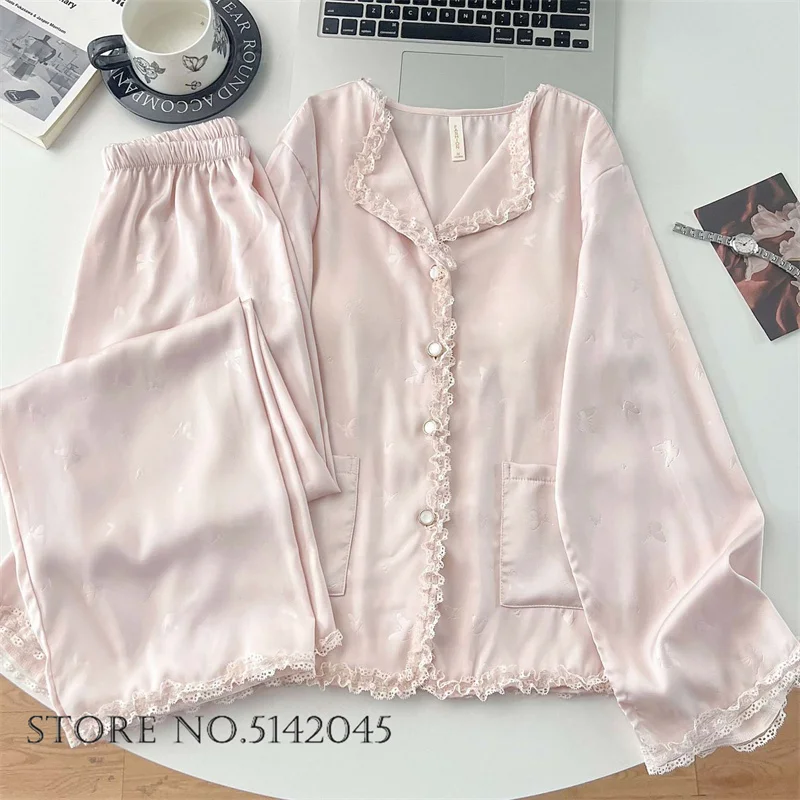 New Female 2Pcs Pajamas Lingerie Sets Elegant Pink Jacquard Butterfly Sleepwear Long Sleeve Trouser Pijamas Suit Loose Homewear