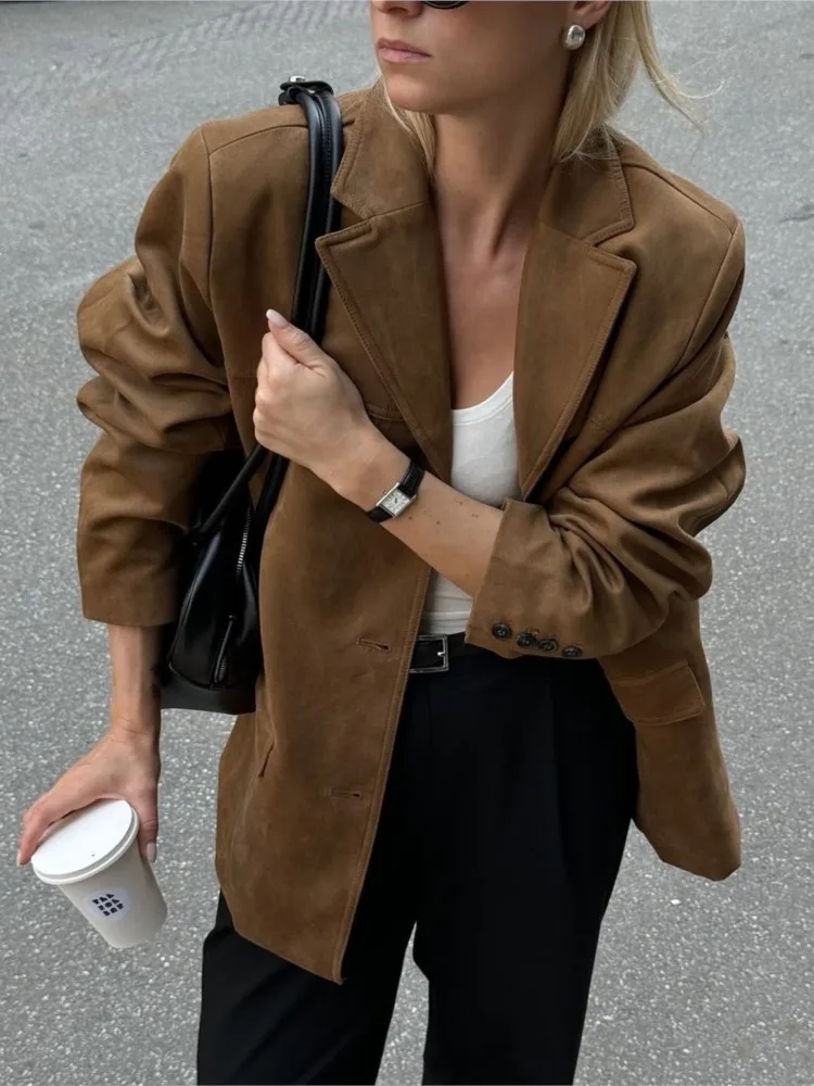 Lapel Pocket Jacket Coat Brown Woman Casual Loose Slimming Minimalism Short Coats Lady Autumn Commute Overcoat Fashion Outwear