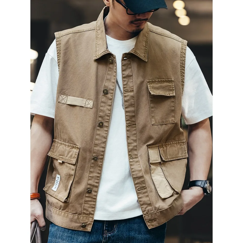 ملابس عمل قماشية عصرية للخريف للرجال، سترة من قماش الدنيم، صدرية متعددة الجيوب