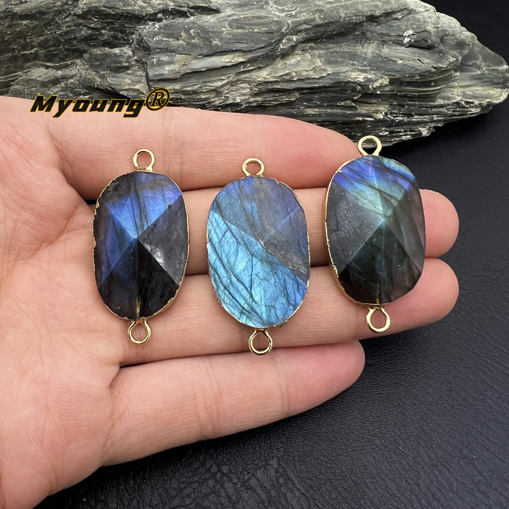 

10PCS Pure Gold Colour Filled Faceted Oval Natural Flash Labradorite Moonstone Connector Pendant For DIY Jewelry Making MY240308