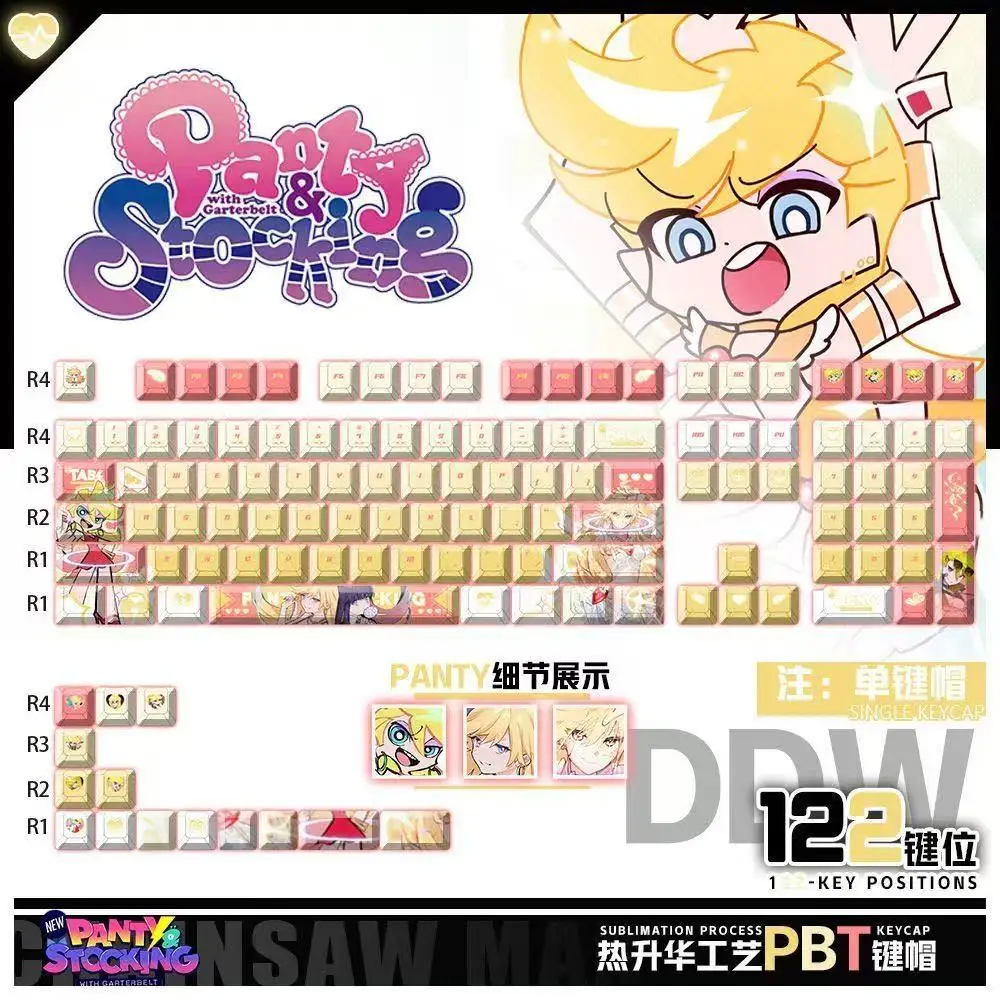 Panty & Stocking with Garterbelt Keycaps Anime Chreey 2D PBT Transparent KeyCaps for Made68 Mad68 Wooting 60 Mechanical Keyboard