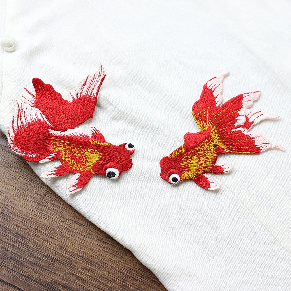 1 Pair Fine Embroidery Goldfish Sew on Patch for Clothing Sticher Symmetrical DIY Repair Creative Decoration Glue-free Type