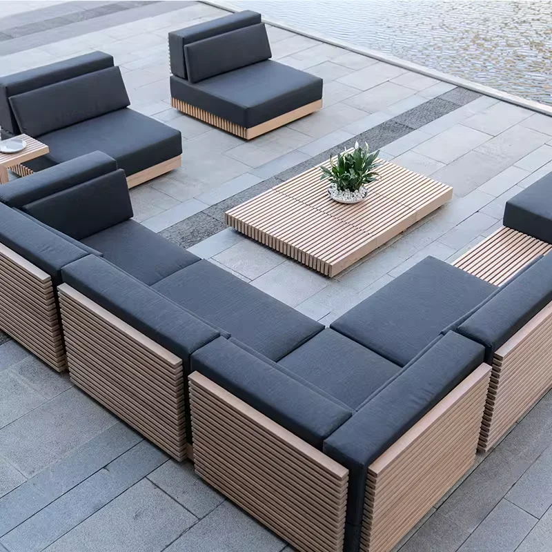 Modern luxury design teak outdoor furniture sample custom courtyard garden sofa lounge armless single outdoor sofa