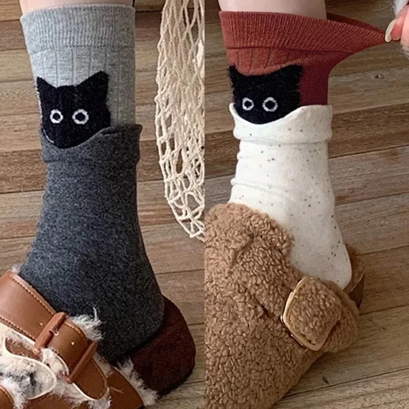 

Autumn Winter Peekaboo Cat Cartoon Mid-Calf Socks Kawaii Cute Warm Socks Cotton Home Sleep Sock Soft Comfortable Daily Wear Gift
