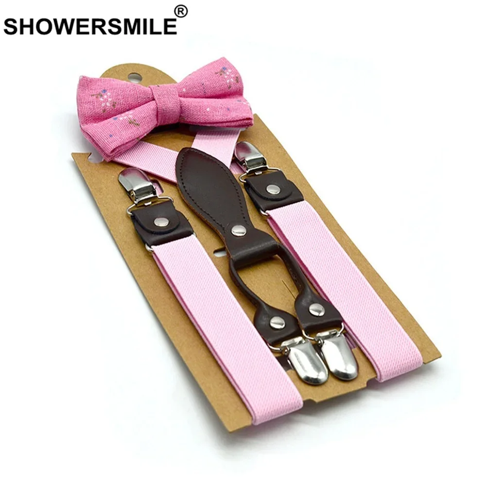 SHOWERSMILE Pink Baby Suspenders with Bow Tie Gray Kids Suspenders Set Wedding Braces for Children 4 Clips Leather 65cm*2.5