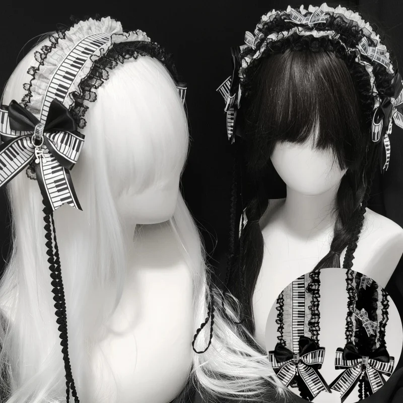 Original Lolita Piano Note Headband Harajuku Black & White Keys Hair Accessory KC Cosplay Ruffled Hair Accessory