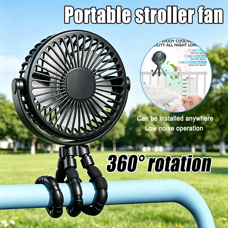Baby Stroller Fan 360-Degree Rotation 3-Speed Wind Speed Adjustment Foldable Hanging Mini Portable Fan for Outdoor Cooling