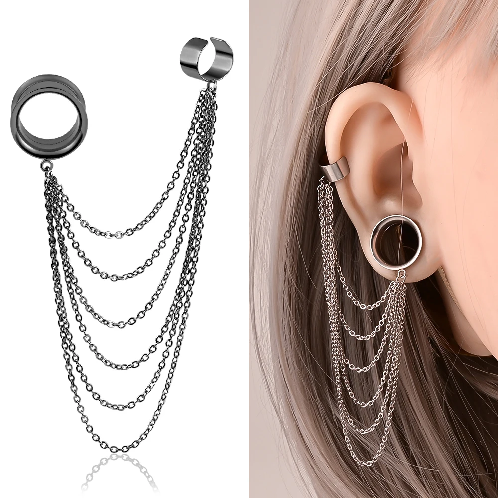 Doearko 2PCS Fashion Ear Gauges Tunnels Chain Stud Ear Clip for Women Men Hip Hop Double Cartilage Ear Lobe Cuff Earrings