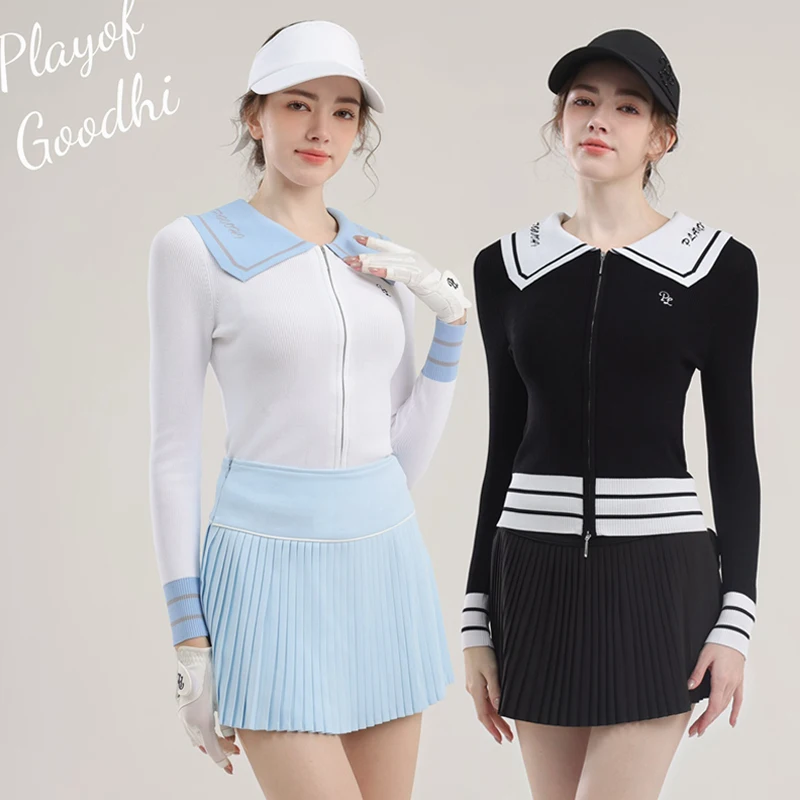 

PL женская осенне-зимняя вязаная куртка для гольфа, спортивный свитер с лацканами и длинными рукавами, плиссированная юбка для гольфа, костюмы в студенческом стиле