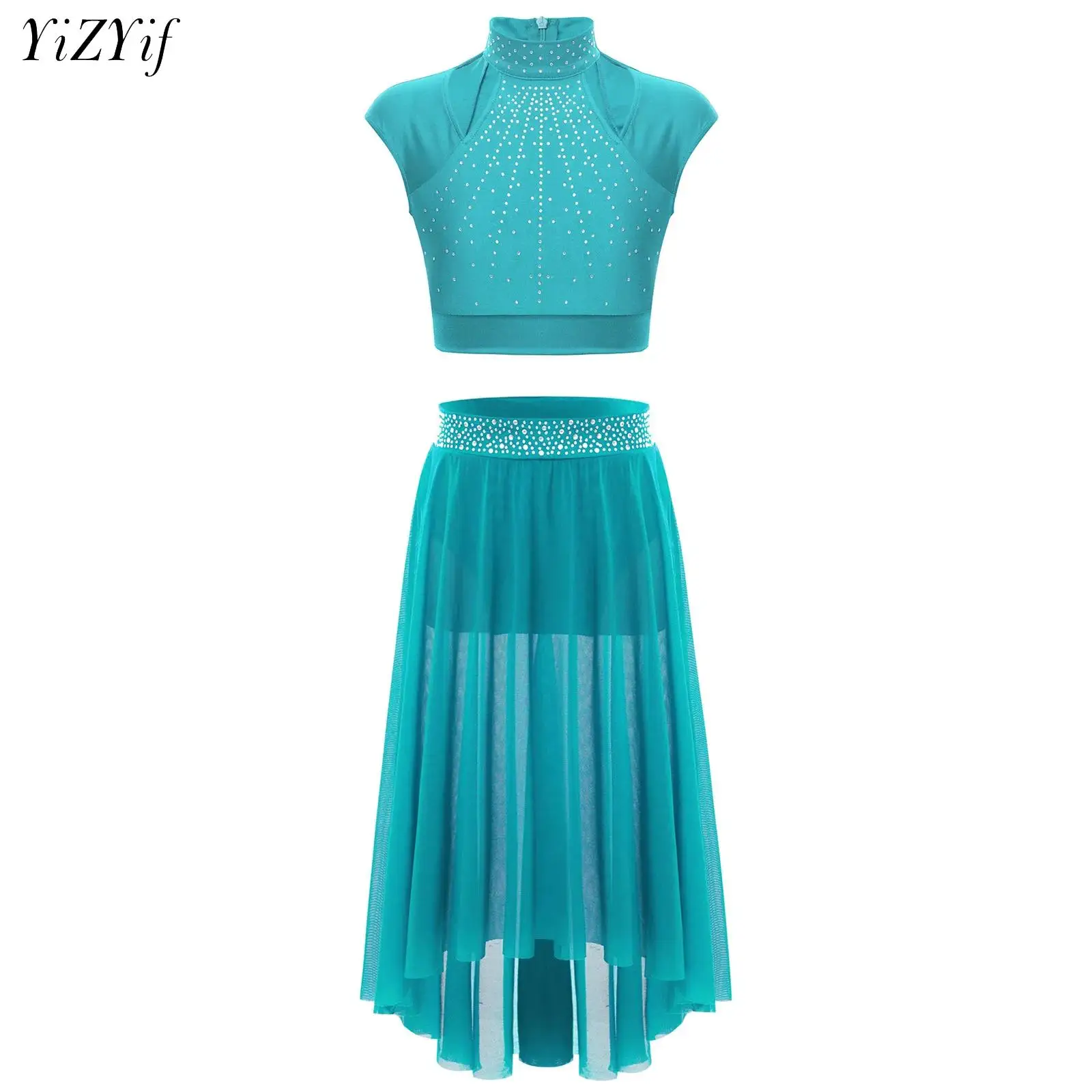 

Girls Ballet Dress Sleeveless Crop Top with High-Low Chiffon Skirt Set Rhinestones Ballet Tutu Dance Training Performance Outfit