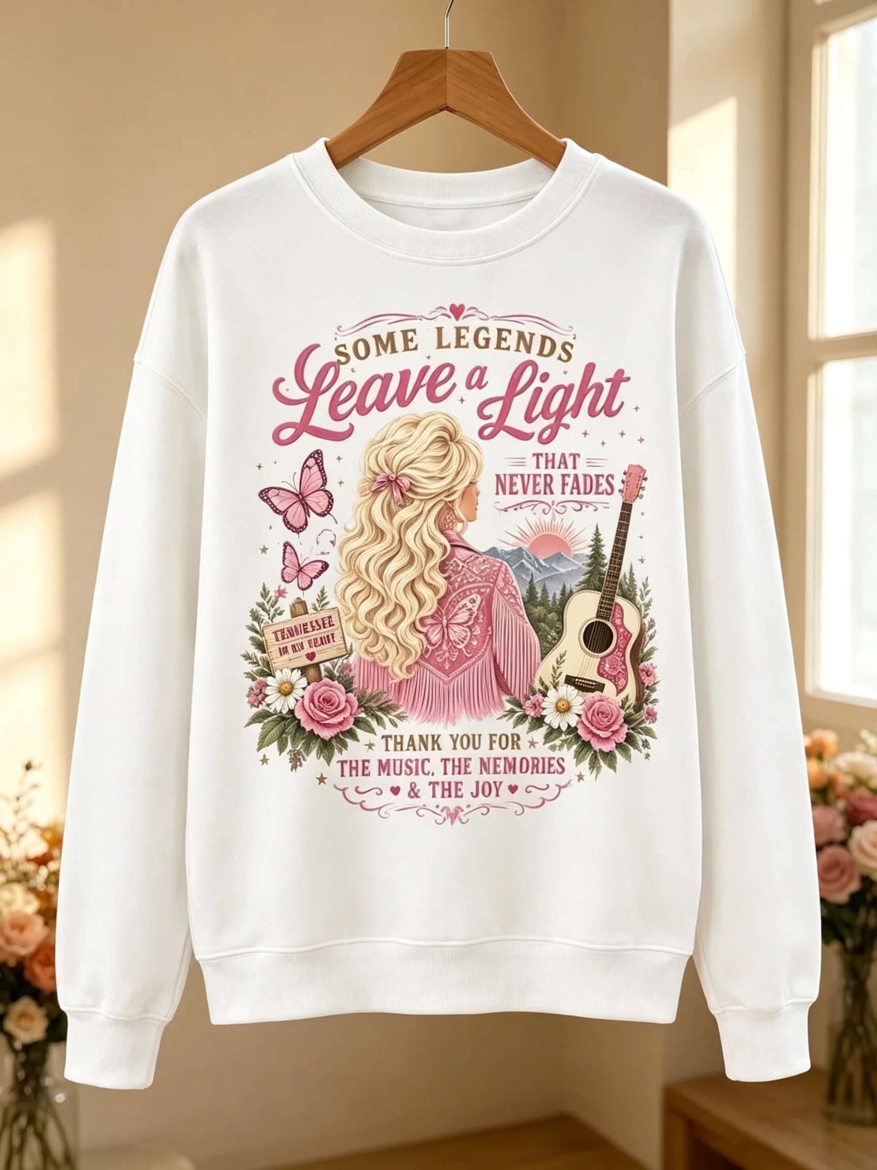 Retro Country Music Women Sweatshirt Some Legends Leave A Light Floral Guitar Butterfly Graphic Casual Crew Neck Long Sleeve Top