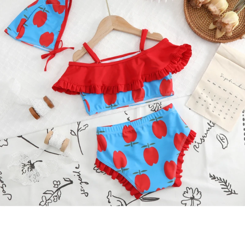 Infant Baby Girl Swimsuits Cute Apple Print Summer Sling Strap Crop Tops+Ruffle Tutu Shorts Toddlers Swimwear Beachwear with Cap