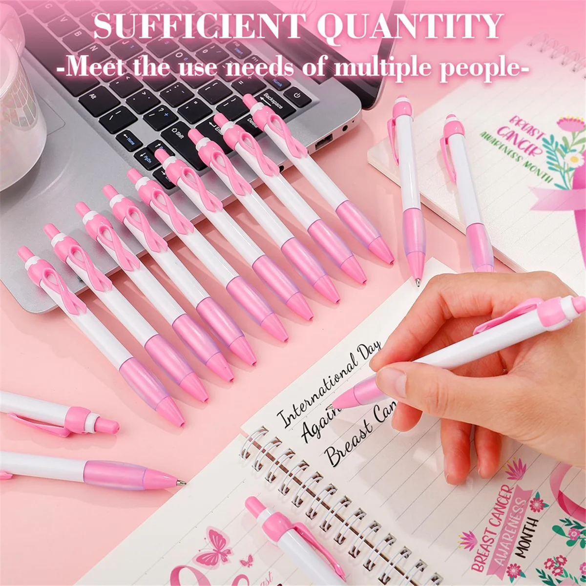 50 Pcs Pink Ribbon Pens Bulk, Black Ink Retractable Ballpoint Pens for Office Supply Women Girls Gift