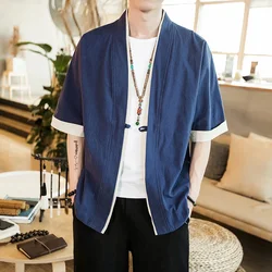 Summer Men's Kimono Jackets Cardigan Lightweight Casual Cotton Blends Linen Seven Sleeves Open Front Hanfu Coat