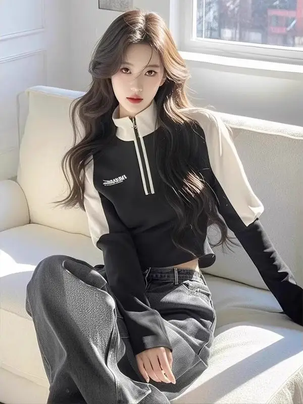 春らしいユニークなルーズカラーブロレタースタンドカラーレディーススウェットデザインセンセーションパーシャルジッパースプライストップ