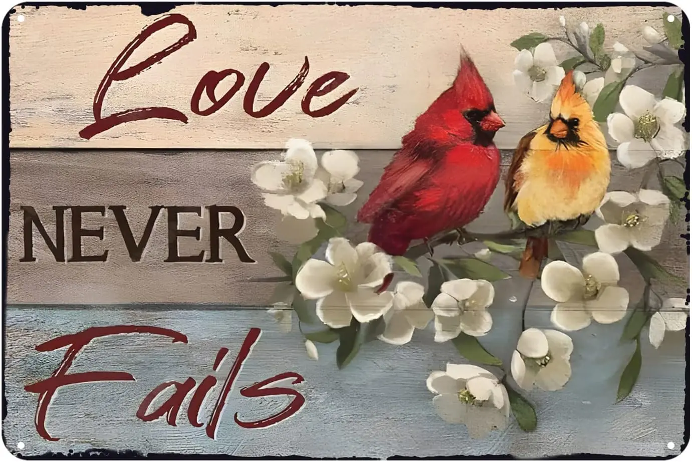 Aenaon Cardinal Bird Love Never Fails Tin Signs Retro Funny Vintage Decor for Home Bar Room Diner Garage Kitchen 8x12 Inches