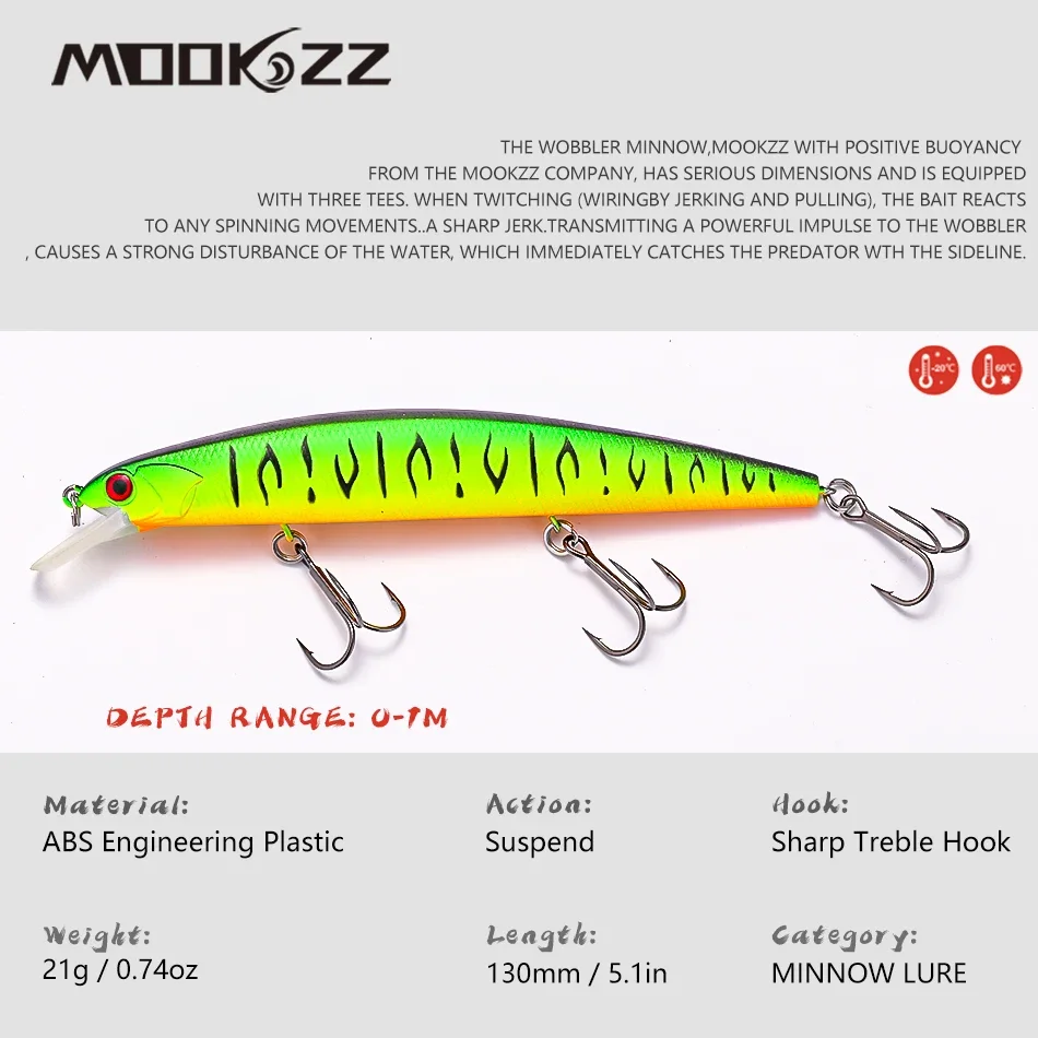 MOOKZZ Hot Sale 130mm 21g SEA Minnow Suspension Lure Wobble Hard Fishing Lure 3D Eyes Suspension Minnow Fishing Lure