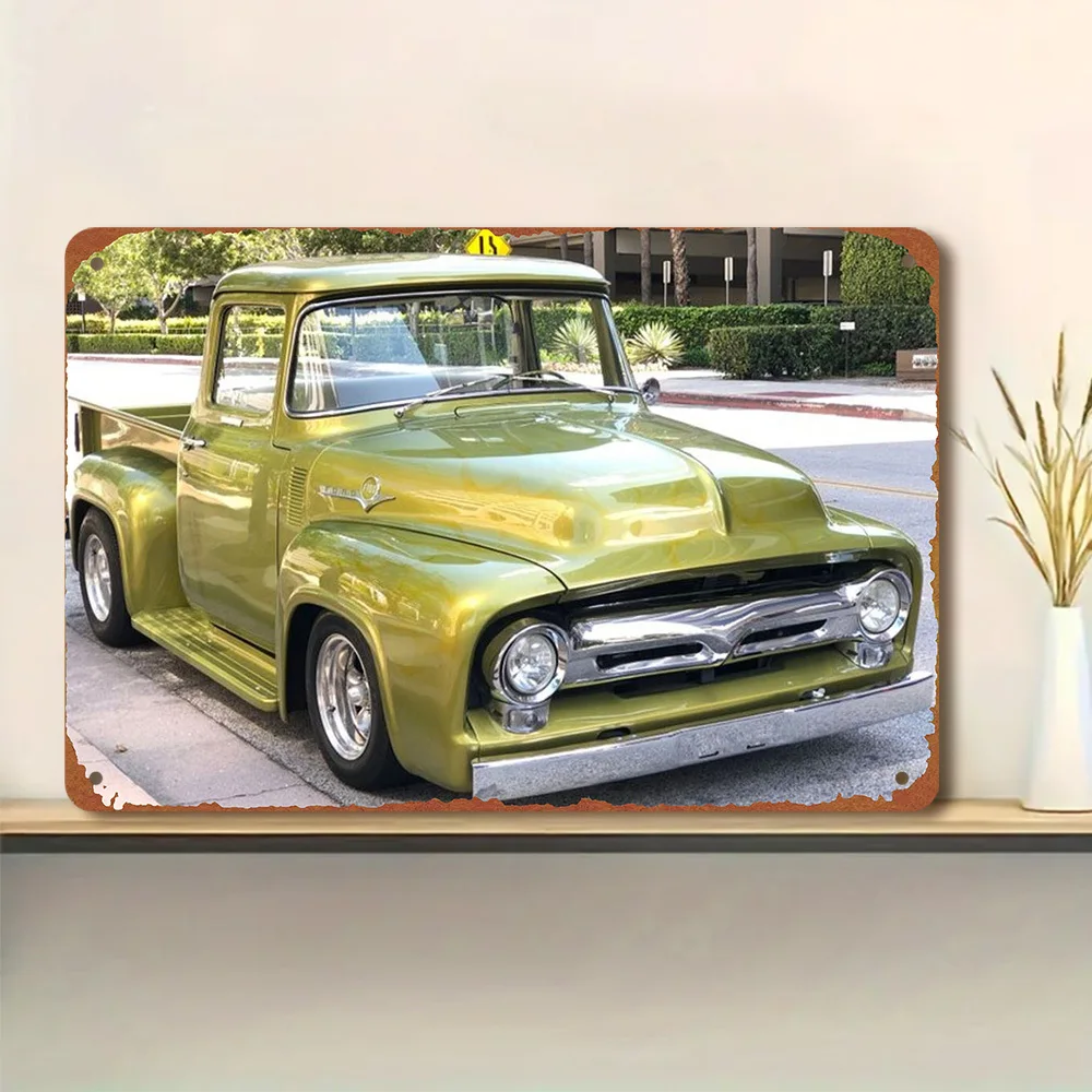 Vintage Green Pickup Truck Aluminum Wall Art - Classic Collectible Model 1950s-1970s, Durable,Weatherproof, for Man Cave,