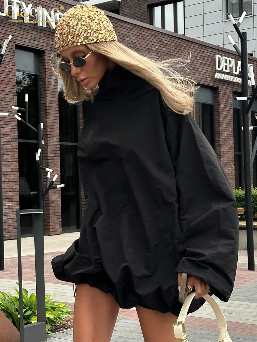 Clacive Fashion Loose Black Women\'s Dress 2024 Casual Stand Collar Long Sleeve Mini Dresses Elegant Classic Solid Female Dress