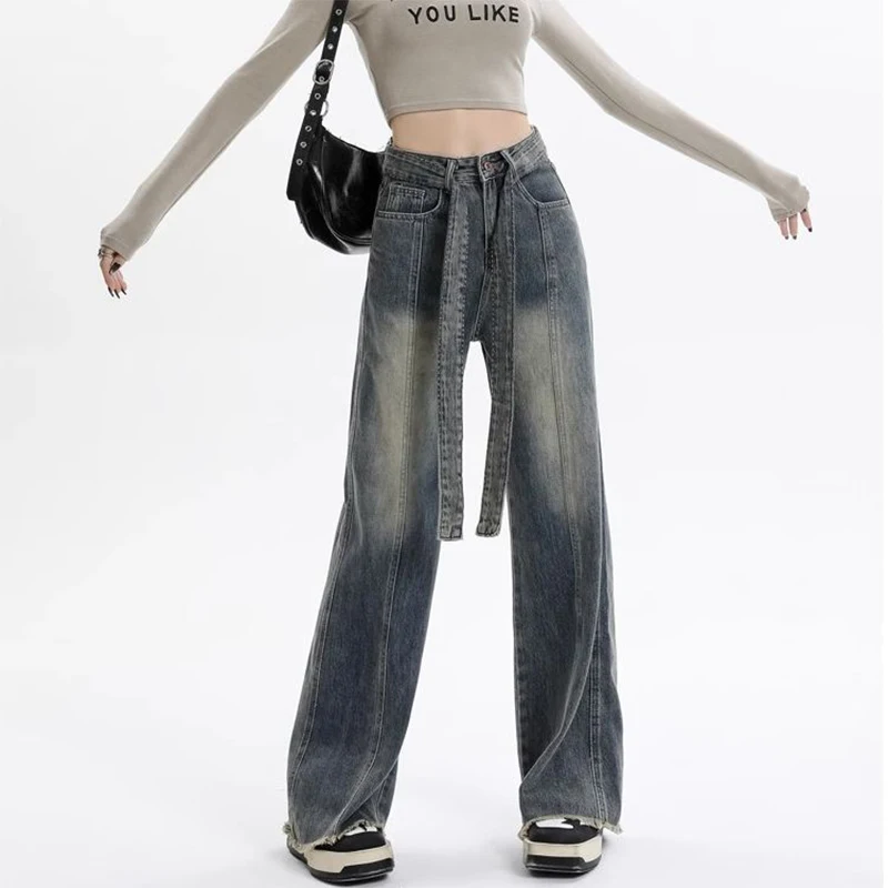 

Woman High Waist Streetwear Baggy Jeans Female American Fashion Wide Leg Pants Girls Sashes Blue Yellow Designer Denim Trousers