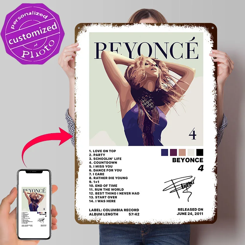 Beyoncé '4' Album 3D Texture Printed Poster Custom Vintage Metal Tin Plate Sign for Wall Art Home Decoration Garage Decorations