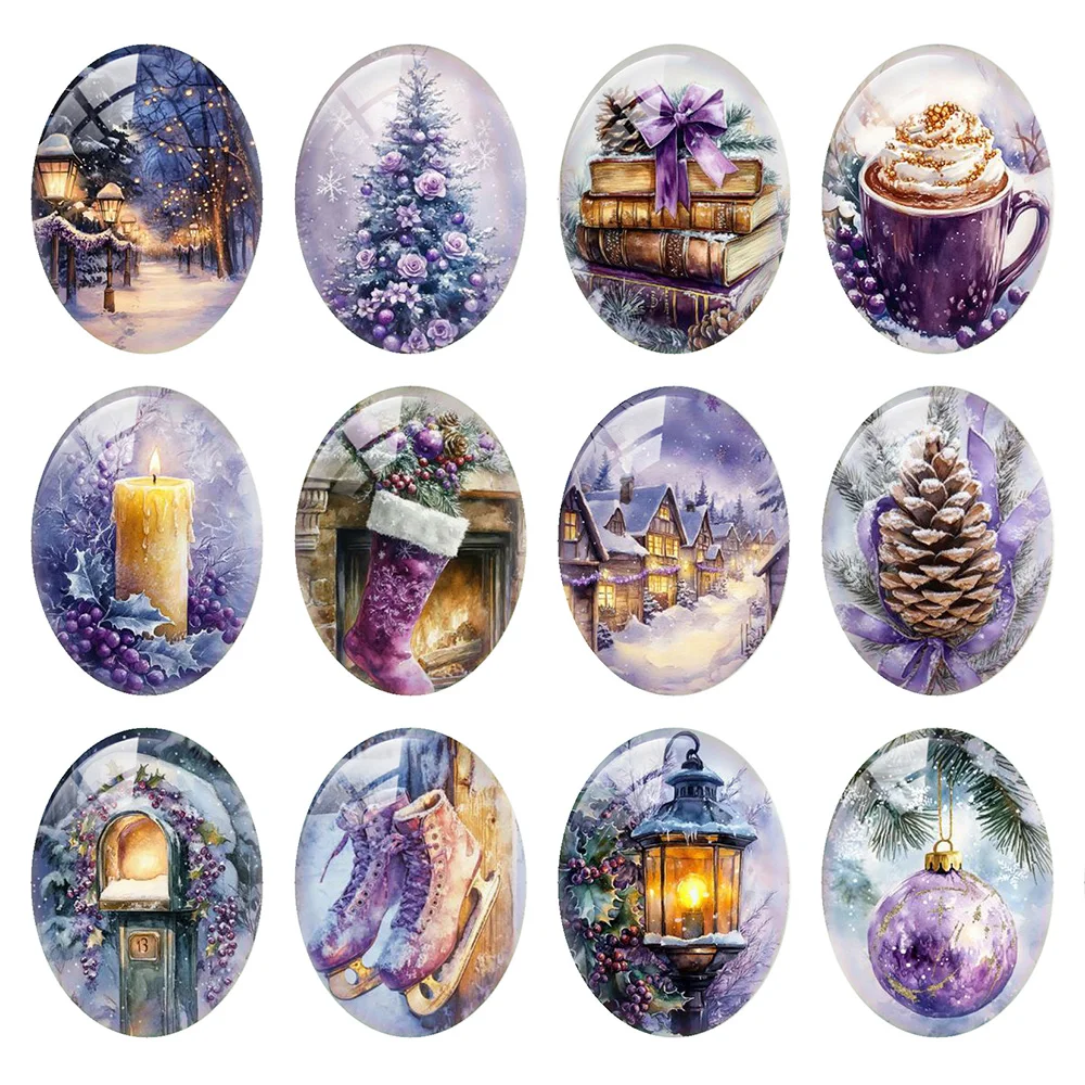 

10 шт./лот, Рождество, зима, фиолетовое дерево, колокольчик, снежная свеча, овальная фотография, стеклянный кабошон с плоской задней частью, демонстрация камеи, изготовление ювелирных изделий своими руками